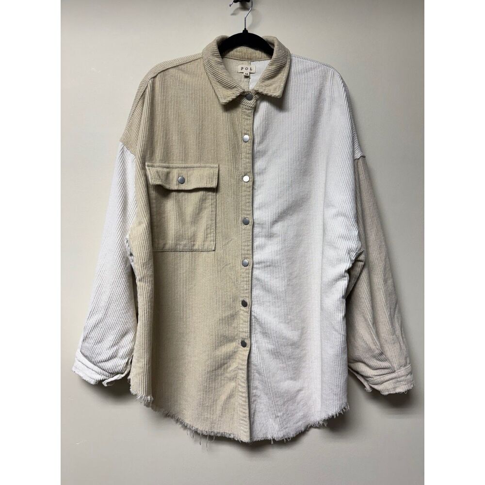 POL Colorblock Monochromatic Corduroy Button Front Shacket, Distressed Hem, Sz M